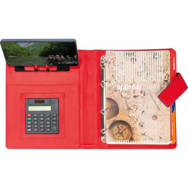 Kırmızı Organizer Ajanda Telefon Tutuculu Hesap Makineli Metal Tokalı 18x23 cm
